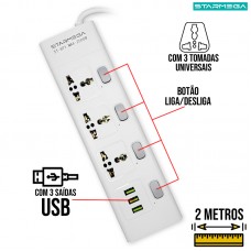 Extensão Elétrica 3 Tomadas + 3 USB ST-891 Starmega